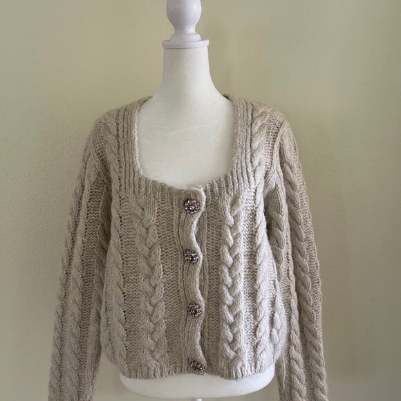 ZARA Cable Knit Cardigan Sweater SZL Cream Sparkle Threads Gem Button Chunky - Picture 2 of 11